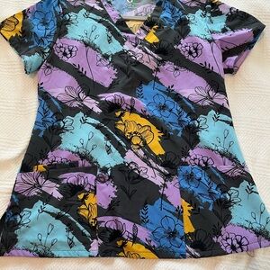Floral Print Women's Scrub Top - Black, Blue, Purple, Yellow